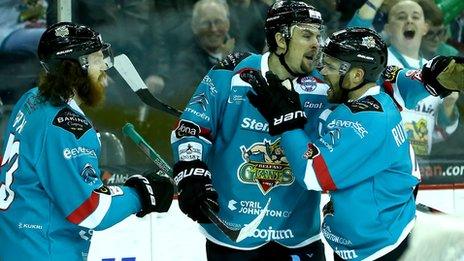 Belfast Giants celebrate scoring against Coventry on Saturday night