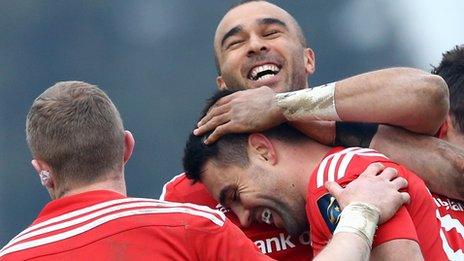 Conor Murray celebrates his try for Munster