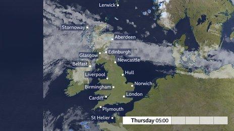 Weather map for early Thrusday