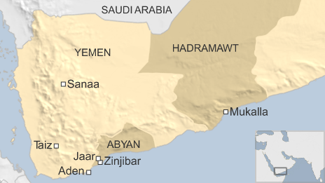 Map of Yemen showing locations of Taiz, Zinjibar, Jaar and Mukalla