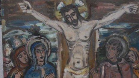 One of the paintings depicting Jesus Christ on a cross