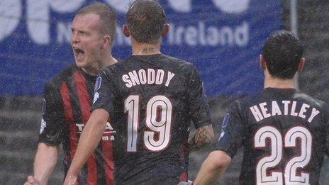 Jordan Owens celebrates scoring against Ballymena