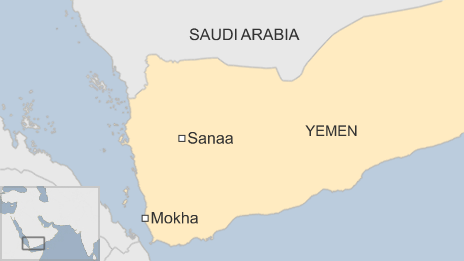 Map showing the location of the port city of Mokha, Yemen