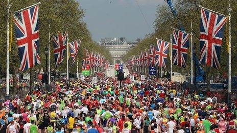 A sea of runners on The Mall taking part in the London Marathon