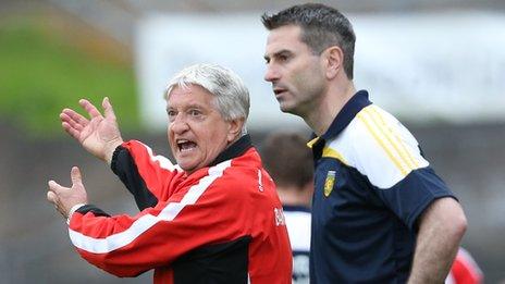 Derry manager Brian McIver and Donegal counterpart Rory Gallagher