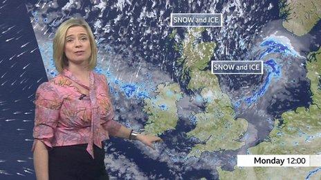 Sarah Keith-Lucas stands in front of a weather map of the UK showing that ice and snow is expected in Scotland and northern England on Monday