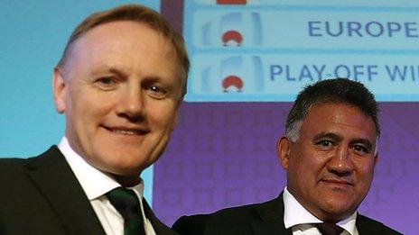 Ireland head coach Joe Schmidt (left) with Japan's coach Jamie Joseph after the Rugby World Cup draw in Japan