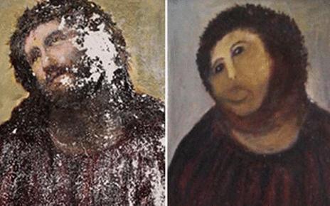 Elias Garcia Martinez's Ecce Homo (left) and the restoration