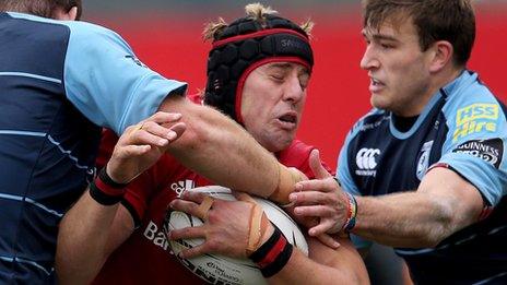 Action from the Pro12 match between Munster and Cardiff Blues