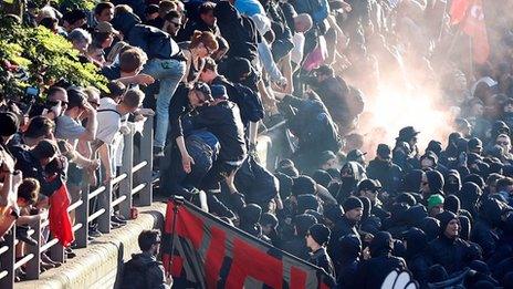 Protesters during demonstration ahead of the G20 summit in Hamburg, German