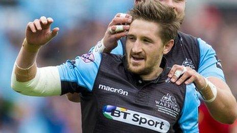 Henry Pyrgos celebrates scoring a try for Glasgow Warriors in the Pro12 final