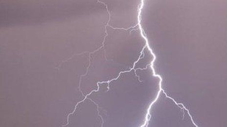 A lightning bolt during a thunderstorm