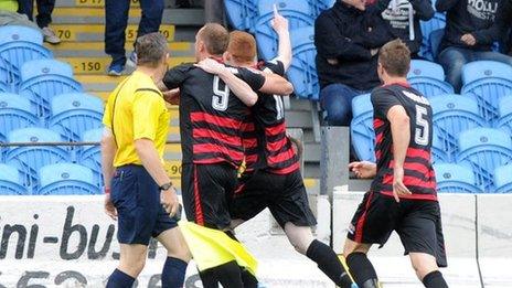 Coleraine players congratulate Sammy Morrow who scored his side's opening goal against Ballymena