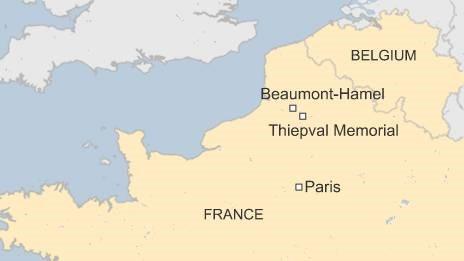 Map of France showing Beaumont-Hamel and Thiepval war memorials