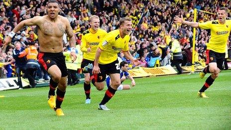 Watford striker Troy Deeney (left) celebrates after his late goal against Leicester