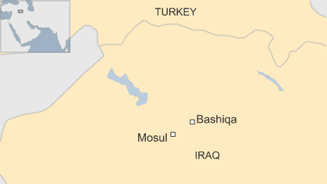 A map showing Bashiqa and Mosul in Iraq