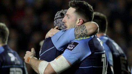 Alex Cuthbert celebrates his late try