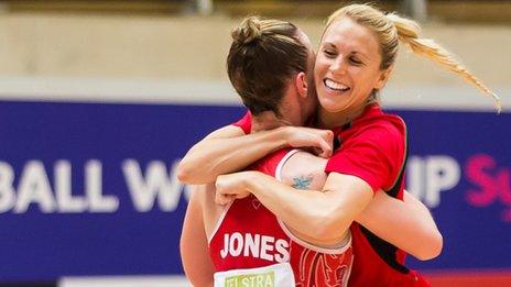 Wales celebrate their seventh place at the Netball World Cup