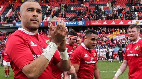 Simon Zebo and his Munster team-mates celebrate after edging out Ulster at Thomond Park