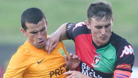 Viktor Pecovsky of Zilina in action against Glentoran's Marcus Kane