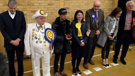 The candidates in the Richmond Park by-election lining up as the results are read