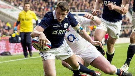 Mark Bennett scores for Scotland against England