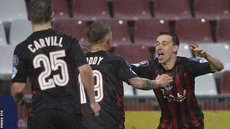 Paul Heatley celebrates scoring the opener against Glentoran