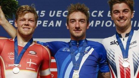 Jon Dibben (right) finished behind Italian winner Elia Viviani (centre) and Lasse Norman Hansen of Denmark