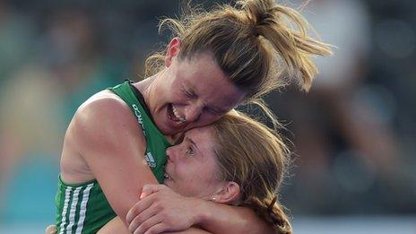 Irish duo Nicola Evans and Katie Mullan celebrate after the dramatic shootout win over India