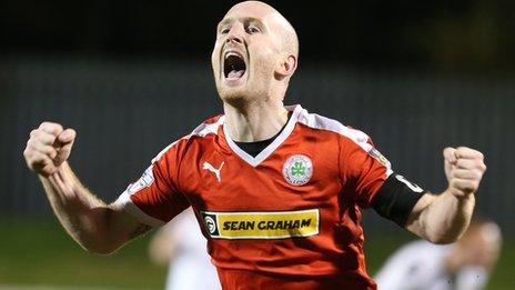 Ryan Catney celebrates scoring against Glentoran