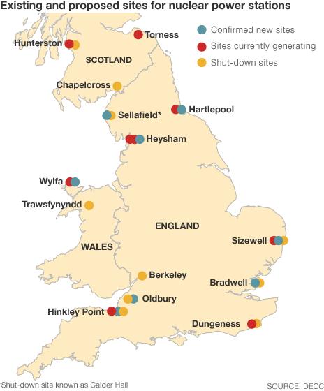 Map showing possible nuclear power stations