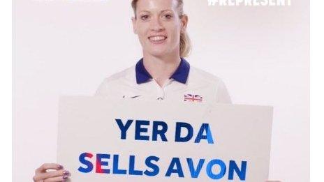 Eilidh Doyle holds a sign superimposed with the slogan: Yer Da sells Avon