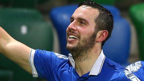 Andrew Waterworth celebrates scoring for Linfield