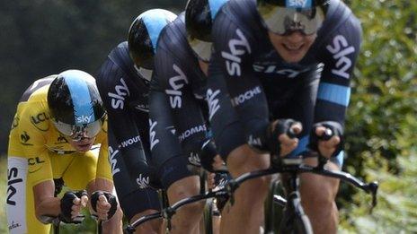 Chris Froome (in yellow) and Team Sky team-mates