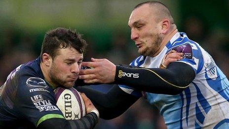 Connacht's Robbie Henshaw and Evgenii Pronenko of Enisei-STM