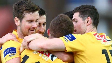 Ciaran O'Connor is congratulated after scoring for Derry City