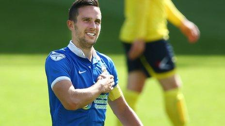 Andrew Waterworth celebrates scoring against Dungannon