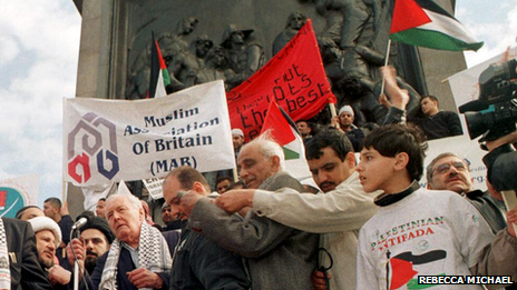 This photo, sent in by Rebecca Michael, is of Tony Benn at a pro-Palestine demonstration in April 2002