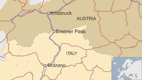 Map showing location of Brenner Pass on border between Italy and Austria