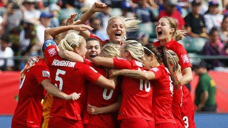 England Women celebrate beating Germany at the World Cup