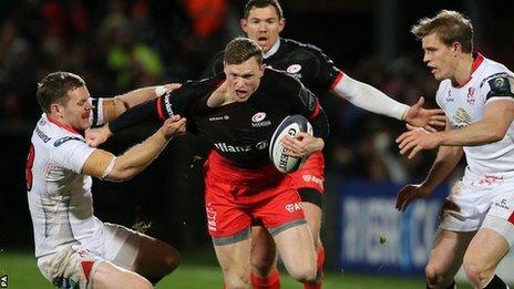 Ulster's Darren Cave tackles Saracens wind Chris Ashton in the Pool 1 clash