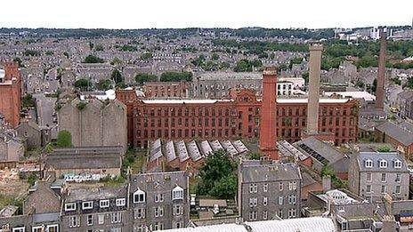 Wide shot of the jumble of buildings making up the huge Broadford Works site in Aberdeen city centre
