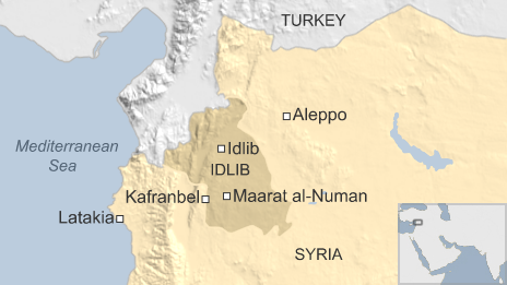 Map of Syria showing locations of Maarat al-Numan and Kafranbel