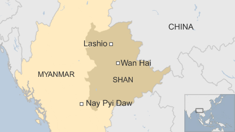 Map of Myanmar, showing Lashio and Wan Hai in Shan province and Nay Pyi Daw just outside