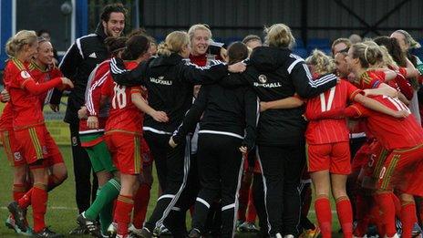 Wales women celebrate their 4-0 win against Kazakhstan