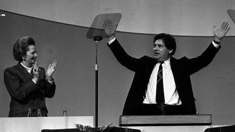 Then Prime Minister Margaret Thatcher with Nigel Lawson in 1988