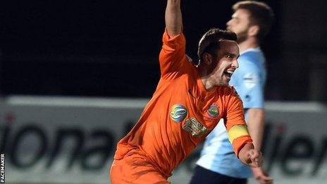 Andrew Waterworth celebrates after putting Linfield 2-1 ahead against Ballymena