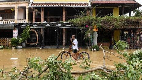 A man pushes a bicycle through a flooded street with a huge tree branch lying in the water in front of him