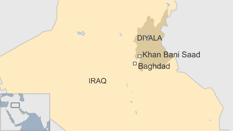 A map showing Khan Bani Saad, where a car bombing killed at least