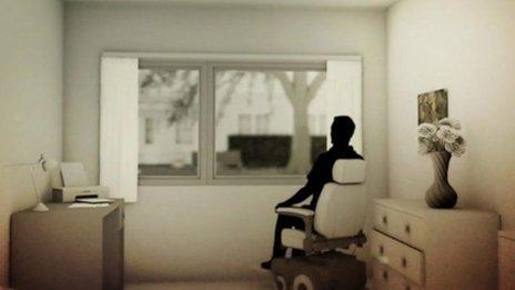 Artist's impression of man sitting in wheelchair at a window